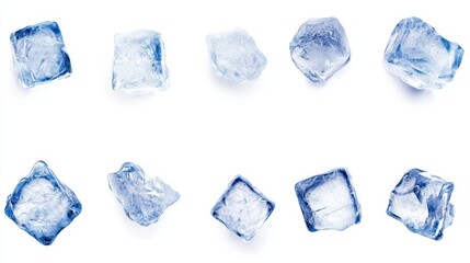 Obraz premium A collection of ice cubes isolated on a white background, showcasing various shapes and sizes of frozen ice pieces.