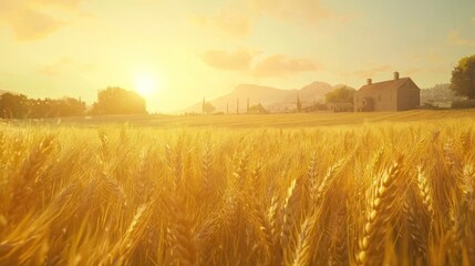 Obraz premium Golden wheat field at sunset, farmhouse in distance.