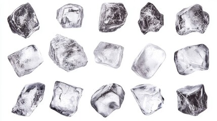 Naklejka premium A collection of ice cubes isolated on a white background, showcasing various shapes and sizes of frozen ice pieces.