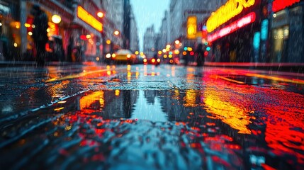 Fototapeta premium Rainy city street at night, vibrant reflections.