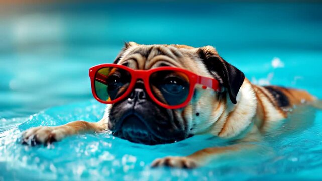 Cute funny pug dog wearing in red sunglasses floating in swimming pool. Happy pet swim in ocean or sea. Animals play in splashing water. Travel, tropical vacation, summer holiday concept.