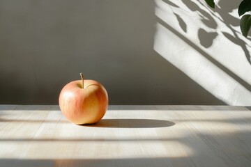 Warm sunlight casts gentle shadows on a single apple placed on a wooden table in a tranquil indoor setting
