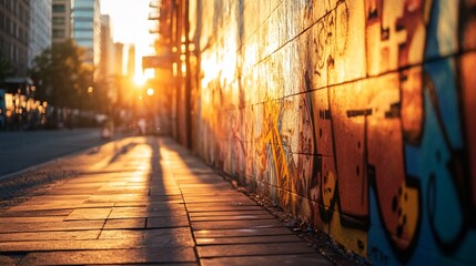 Sunset illuminating graffiti-covered urban wall and sidewalk.