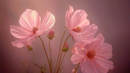 Soft pink cosmos flowers in sunset light.