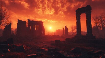 Obraz premium Dramatic sunset over ancient ruins, silhouetted against fiery sky.