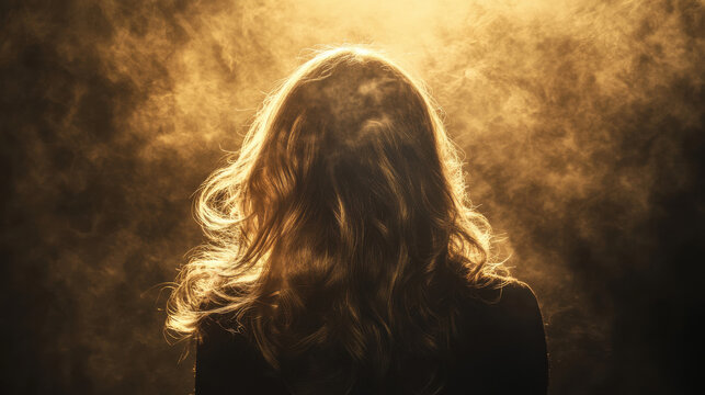 A surreal high-resolution photograph of a person's shoulder and flowing hair illuminated by a dramatic backlight, warm golden tones contrasting with the dark monochrome background, cinematic depth