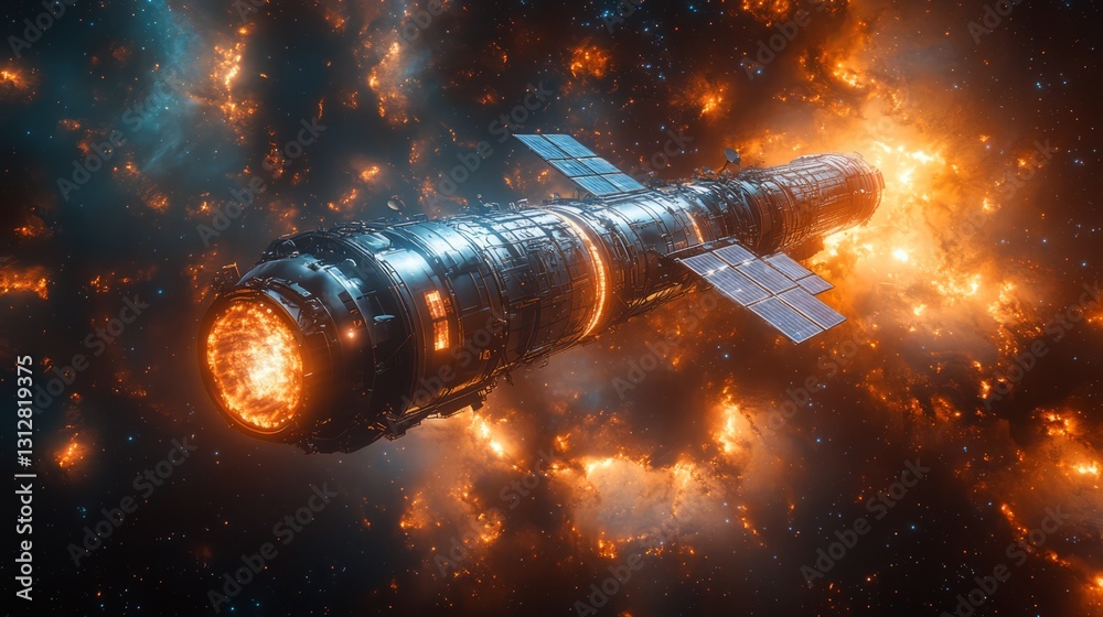 Wall mural a space ship is flying through a fiery cloud of space debris. the ship is surrounded by a bright ora