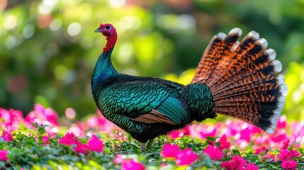 Obraz premium Colorful Wild Turkey in a Flower Garden