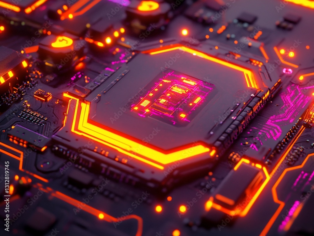 Wall mural close-up of a futuristic glowing computer processor on a circuit board.