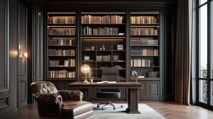 Elegant Home Office Interior with Dark Wood Bookshelves and Leather Chair