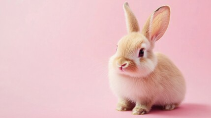 Obraz premium Photo of a little bunny, on a soft pink background Easter theme