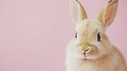 Obraz premium Photo of a little bunny, on a soft pink background Easter theme