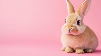 Obraz premium Photo of a little bunny, on a soft pink background Easter theme