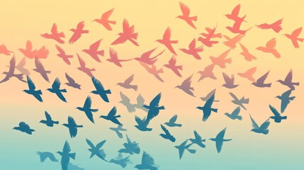 A vibrant silhouette of birds in flight against a soft gradient background.