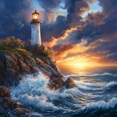 Obraz premium Coastal lighthouse on a rocky cliff, glowing warmly against a dramatic sunset, waves crashing below, serene and picturesque, ultra-detailed, photorealistic