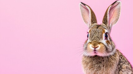 Obraz premium Photo of a little bunny, on a soft pink background Easter theme