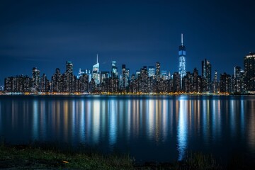 Obraz premium Cityscape reflected in dark water at night; illuminated buildings create shimmering reflections