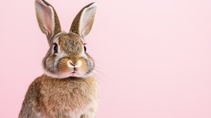 Obraz premium Photo of a little bunny, on a soft pink background Easter theme
