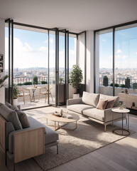 Cozy beige minimalist living room with large second floor window and panoramic city view creating a peaceful and modern vibe Interior Design Inspiration