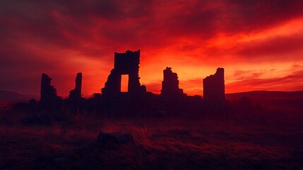 Obraz premium Silhouetted castle ruins at fiery sunset.