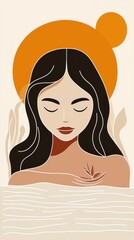 A serene woman with long dark hair and closed eyes is seen