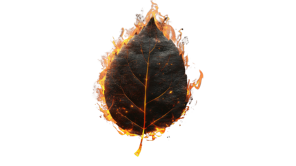 Burning leaf with transparent background symbolizing climate change and environmental destruction