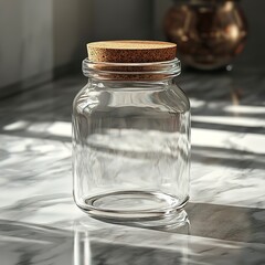 Empty glass jar with a cork lid, delicate reflections and soft shadows, placed on a polished marble surface, ultra-detailed and elegant