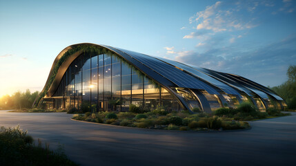 Fototapeta premium Solar panels on modern eco-friendly warehouse under clear sky