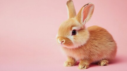 Obraz premium Photo of a little bunny, on a soft pink background Easter theme