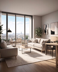Fototapeta premium Elegant beige minimalist living room with expansive city view from second floor window offering a sophisticated design and natural light Interior Design Inspiration