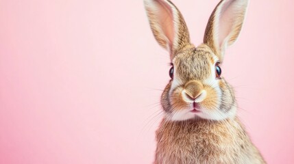 Obraz premium Photo of a little bunny, on a soft pink background Easter theme