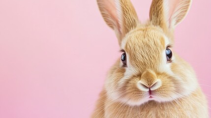 Obraz premium Photo of a little bunny, on a soft pink background Easter theme