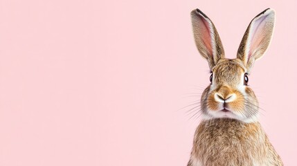 Obraz premium Photo of a little bunny, on a soft pink background Easter theme