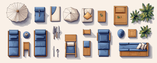 Flat furniture icons set: top view of stylish outdoor and patio furniture in vector format.