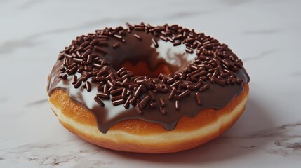 Delicious chocolate donut with sprinkles on a marble background sweet indulgence