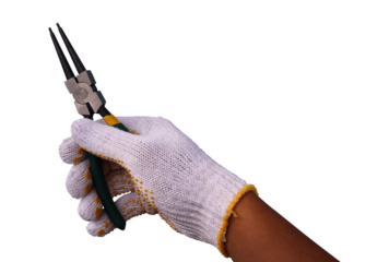 Hand wearing gloves holding snap ring pliers on transparent background