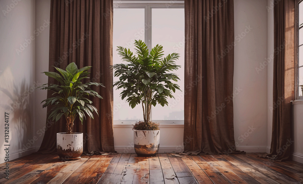 Aufkleber room with two potted plants and a window. the plants are in white and brown pots and the window is o
