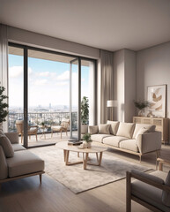 Beige minimalist living room in spacious second floor window with city views and modern design aesthetic Interior Design Inspiration