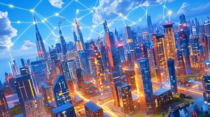 Obraz premium Modern utopian city powered by advanced network technology.
