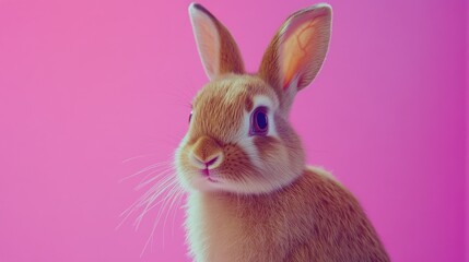 Obraz premium Photo of a little bunny, on a soft pink background Easter theme