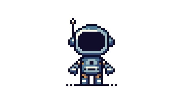 Animation of pixel art cartoon robot. Retro cute robot pixel art 8 bit video game