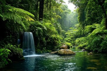 Obraz premium Discover the serene beauty of a jungle stream surrounded by lush foliage.