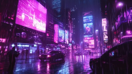 Obraz premium A neon cityscape with a car driving down a wet street. Scene is futuristic and vibrant