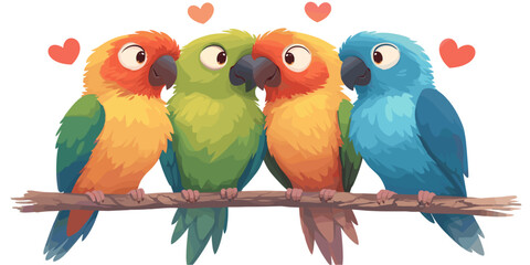 Flat icons set of colorful parrots with hearts in a cute vector style.