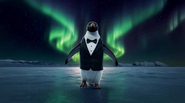Adorable pinguin using smoking suit walking in the artic with aurora borealis as background
