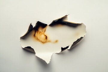 A damaged white paper shows signs of burning and charring