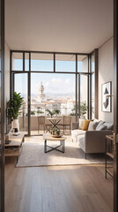 Fototapeta premium Beige minimalist living room in spacious second floor window with city views and modern design aesthetic Interior Design Inspiration