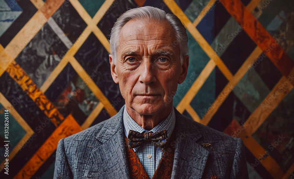 Poster man in a suit and bow tie is standing in front of a colorful wall. the man is serious and focused, a