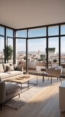 Fototapeta premium Beige minimalist living room in spacious second floor window with city views and modern design aesthetic Interior Design Inspiration