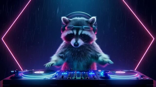 Adorable raccoon dj playing music with neon lights and rain as background